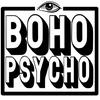 Black and white logo with 'BOHO PSYCHO' text and an eye symbol on a white background